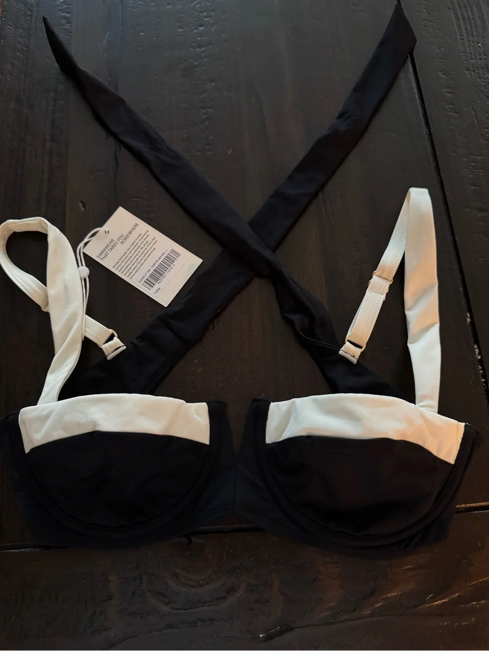 Monday Swimwear Clovelly Bikini Top Black & Cream V-Notch Balconette